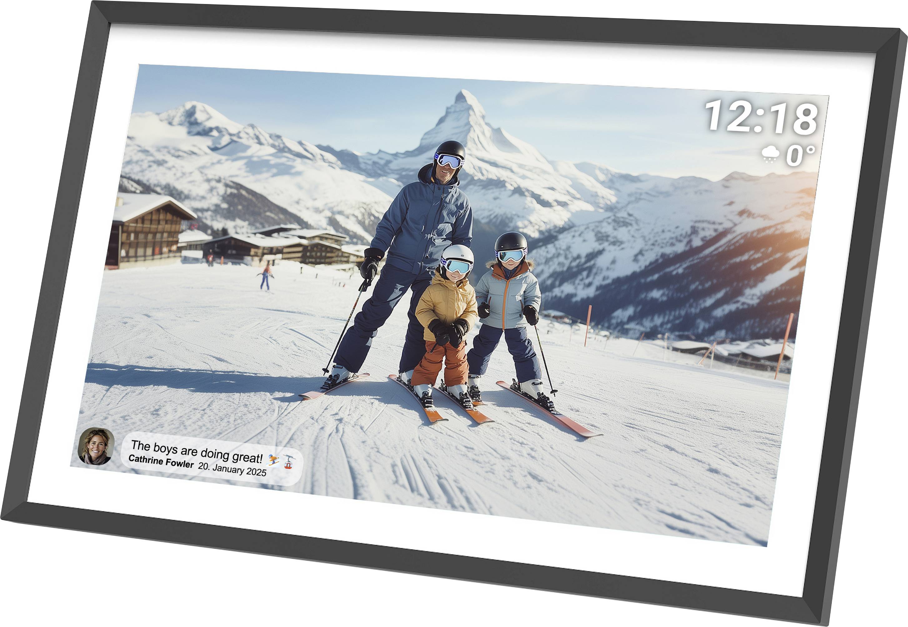 A family skiing on a snowy mountain with cabins in the background. The time is 12:18 and the temperature is 0°C.