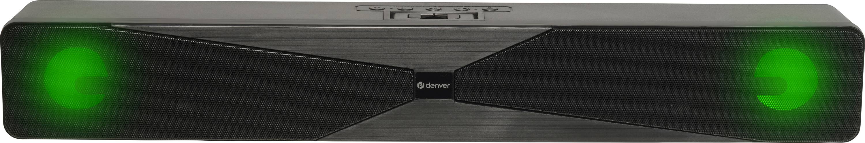 A sleek black soundbar with two visible green lights on each end, indicating power or connectivity status.