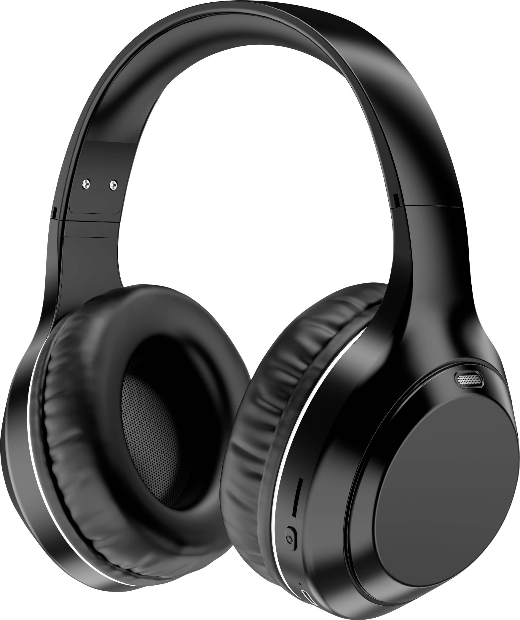 A pair of black over-ear headphones with a sleek design, featuring cushioned ear pads and a padded headband.