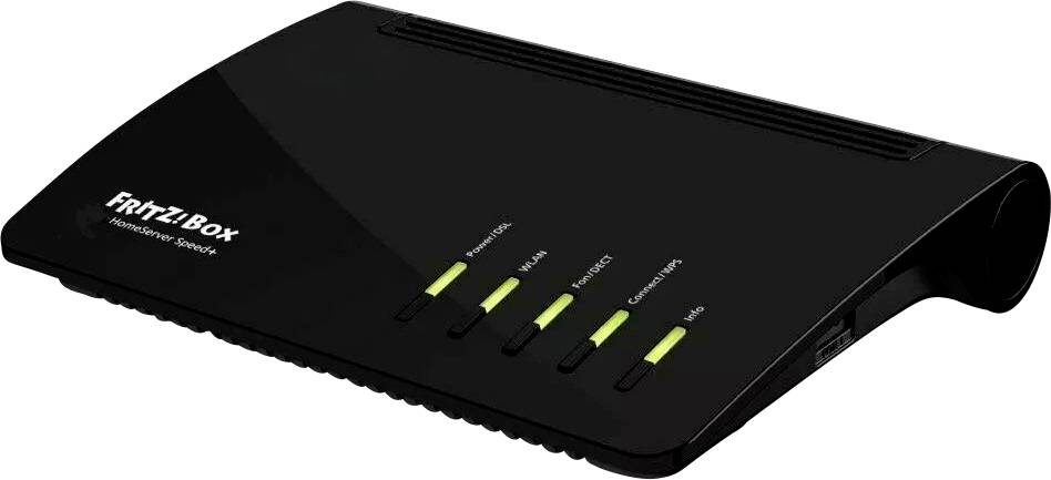 A black wireless router with four green indicator lights and a brand logo on top.