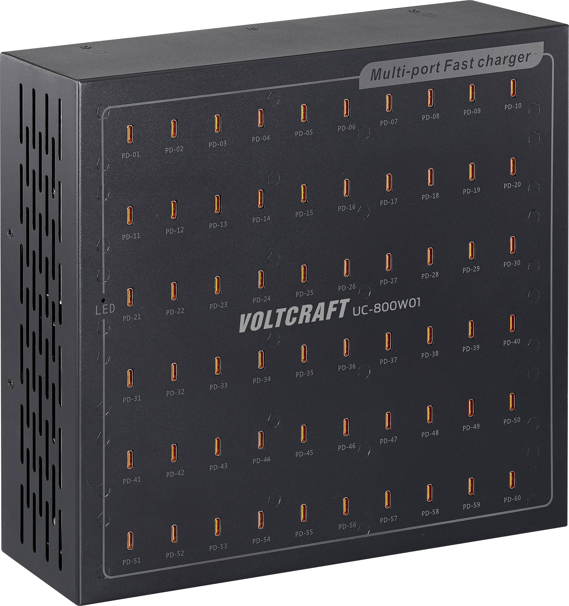 Voltcraft UC-800W01 multi-port fast charger with 64 individual slots, labeled LED indicators, and a black, rectangular design.