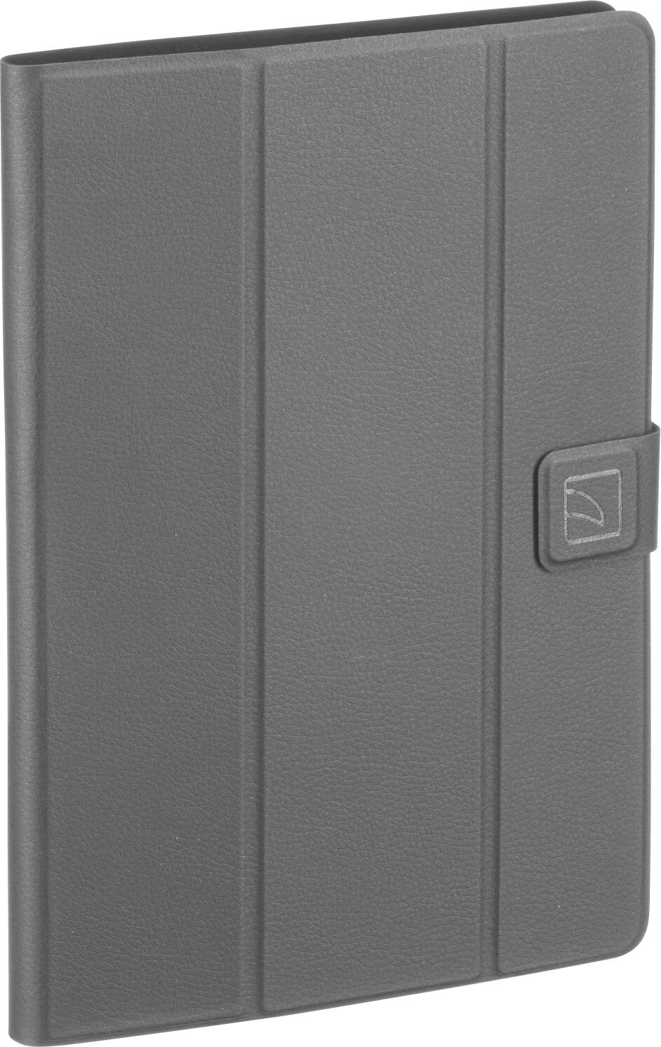 A gray tablet case with a textured surface and a flap closure featuring a small rectangular button.
