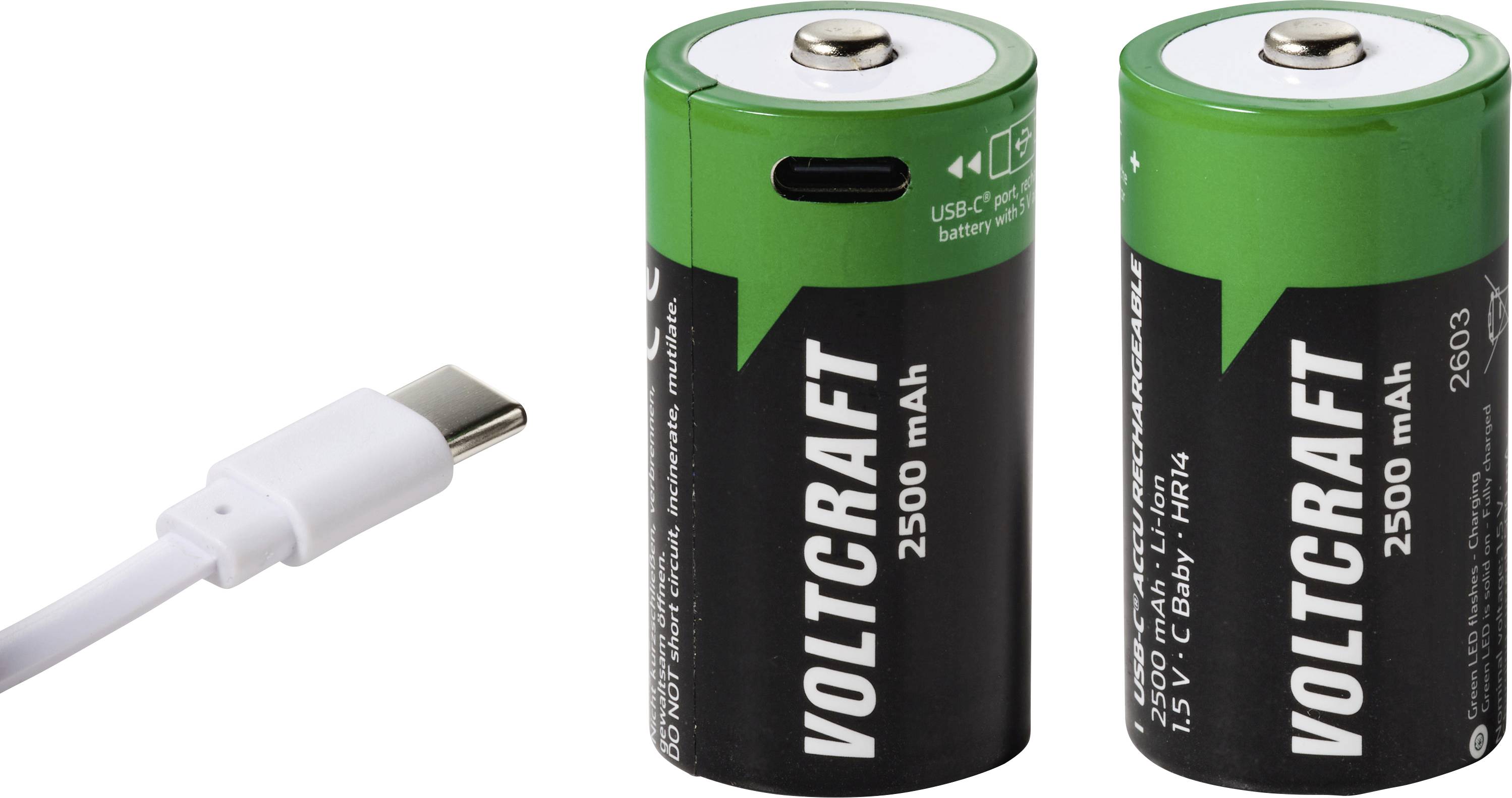 USB-C charging cable beside two Voltcraft 2500 mAh rechargeable batteries