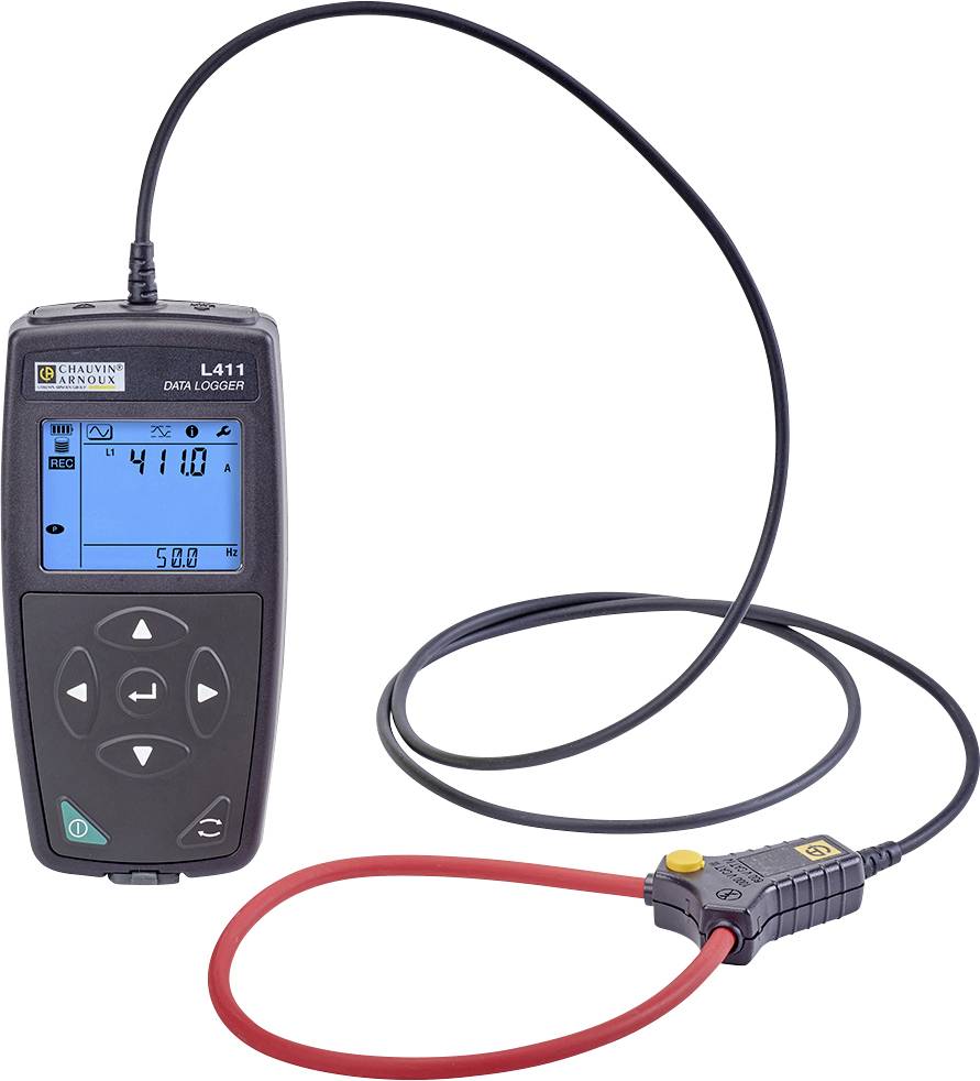 A handheld digital data logger with a connected flexible red probe, displaying readings on a blue screen, used for capturing electrical measurements.