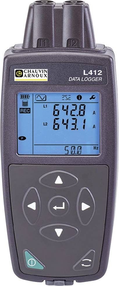 A digital data logger displaying two current readings: 'L1 642.8 A' and 'L2 643.1 A' on a blue screen, with control buttons below.