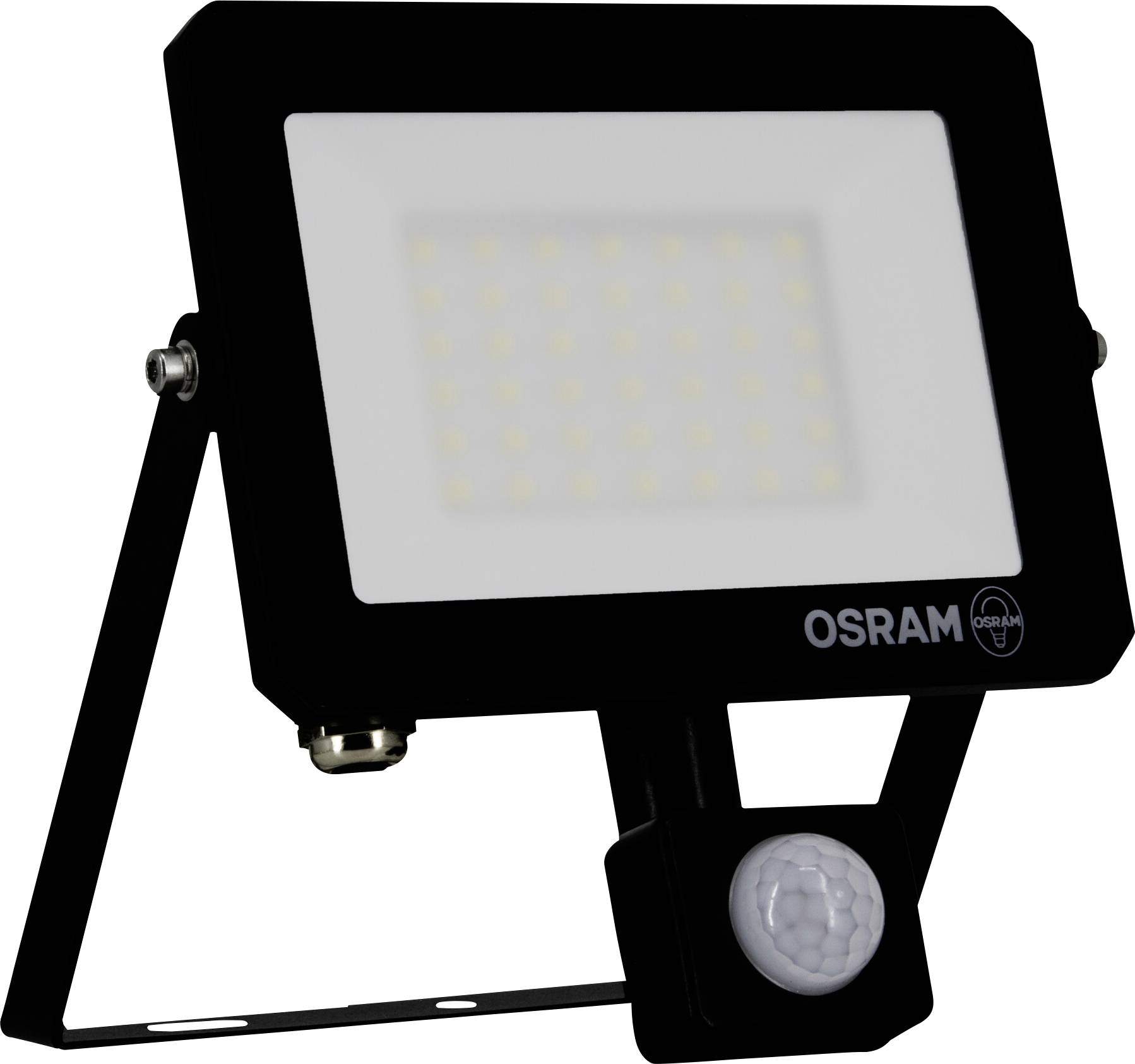 A black Osram outdoor floodlight with a rectangular shape and mounted motion sensor at the bottom, used for external lighting purposes.