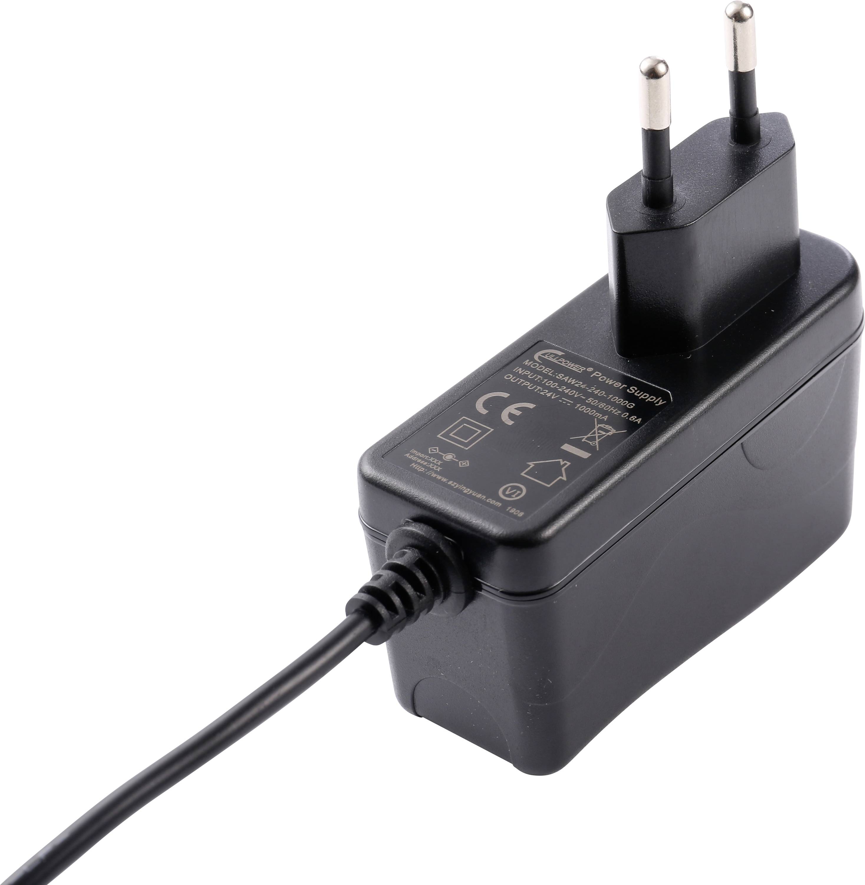 Black power adapter with two round prongs and attached cable, featuring safety and certification markings on its body.
