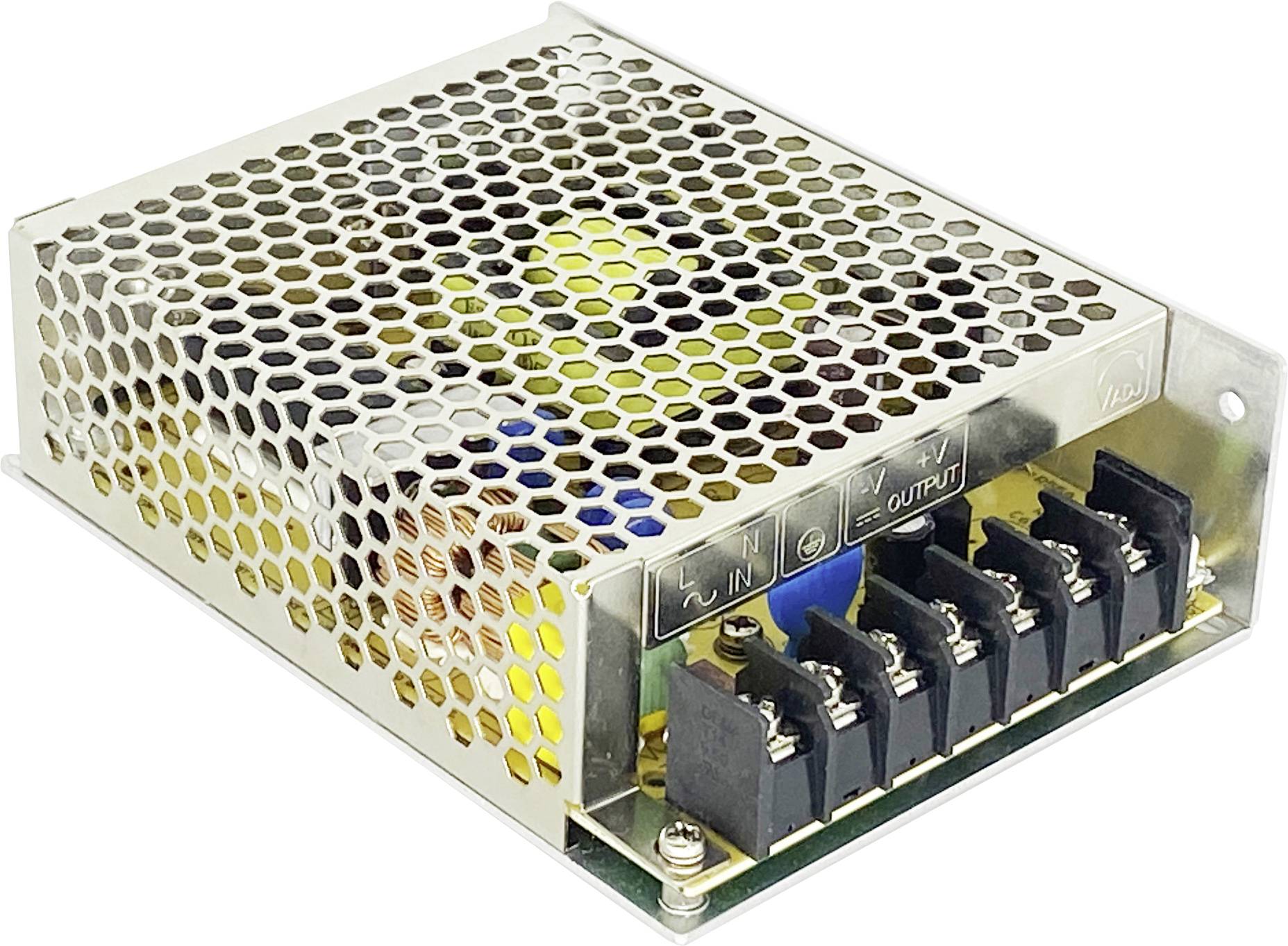 Metal-cased switching power supply with perforated cover and screw terminal block for input/output connections