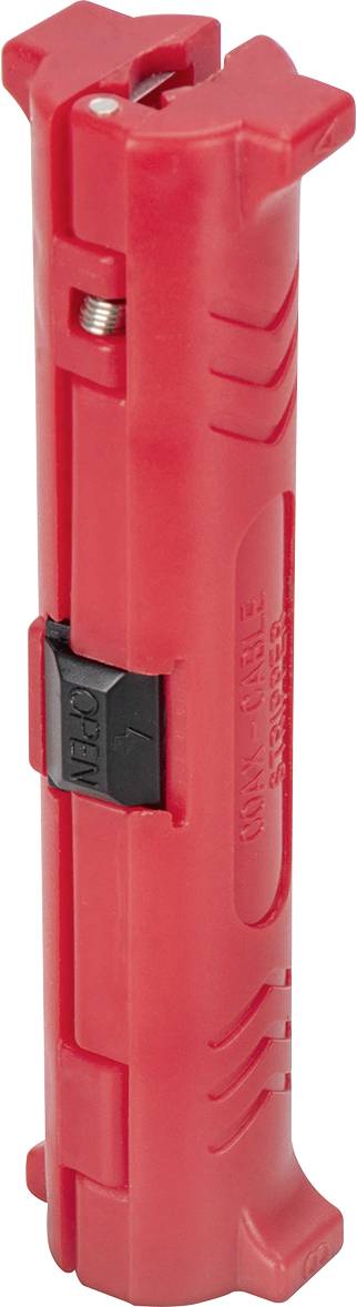 A red, handheld coaxial cable stripper tool with a black adjustment switch for preparing cables in electrical and telecommunications work.