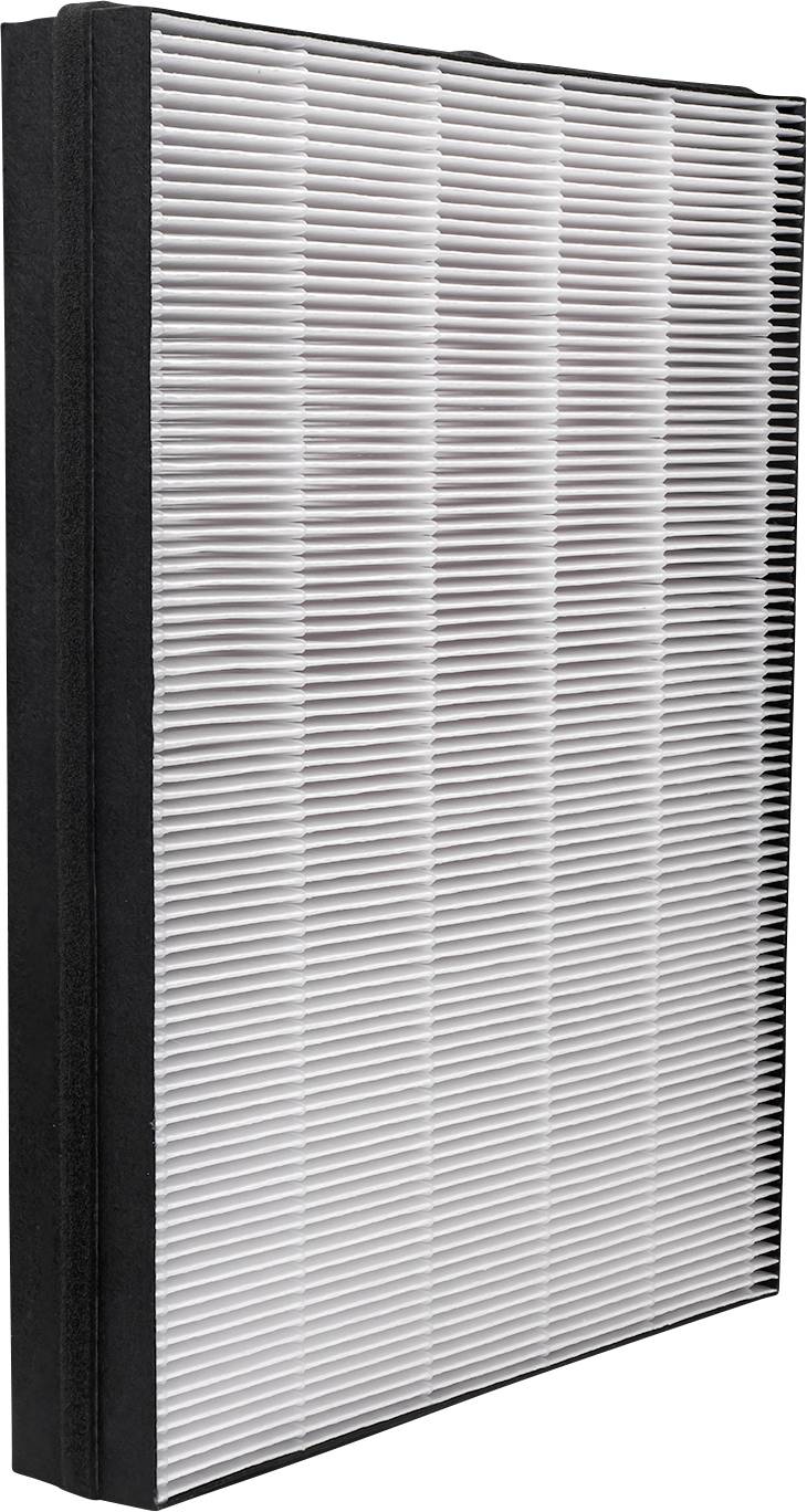 Rectangular air purifier filter with white pleats and black frame, indicating its use for trapping dust and pollutants.