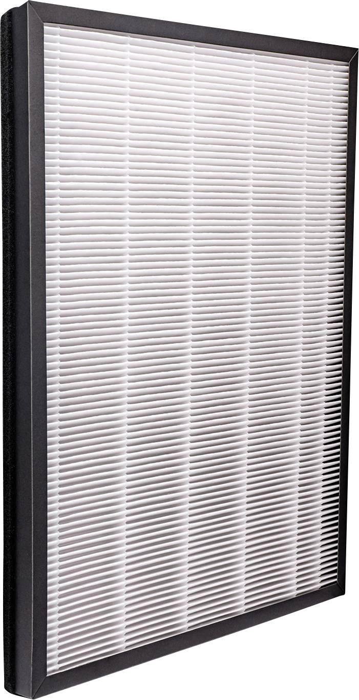 A rectangular air filter with a black frame and white pleated material, designed for air purifiers to remove dust and allergens.