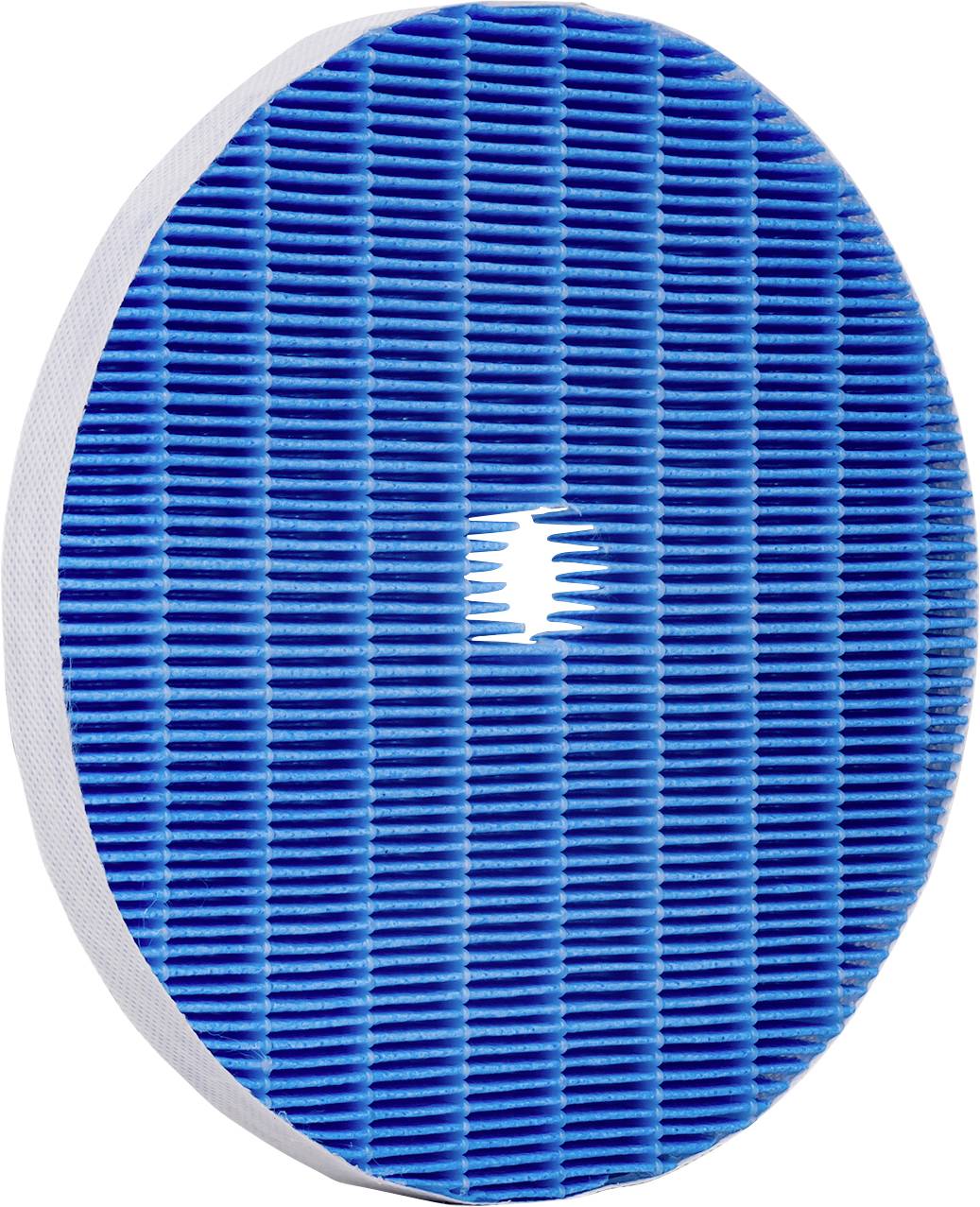 Blue air filter with vertically aligned ridges, oval shape, and white border, designed for trapping dust and allergens in air purifiers.
