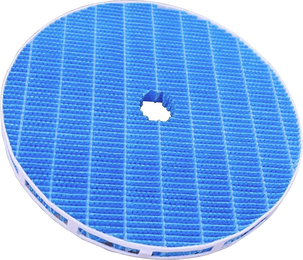 A blue, round air filter with a grid pattern, featuring a central hole, designed for use in a ventilation or purification system.