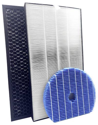 Three air purifier filters: a honeycomb carbon filter, a pleated HEPA filter, and a blue circular filter, arranged for display.