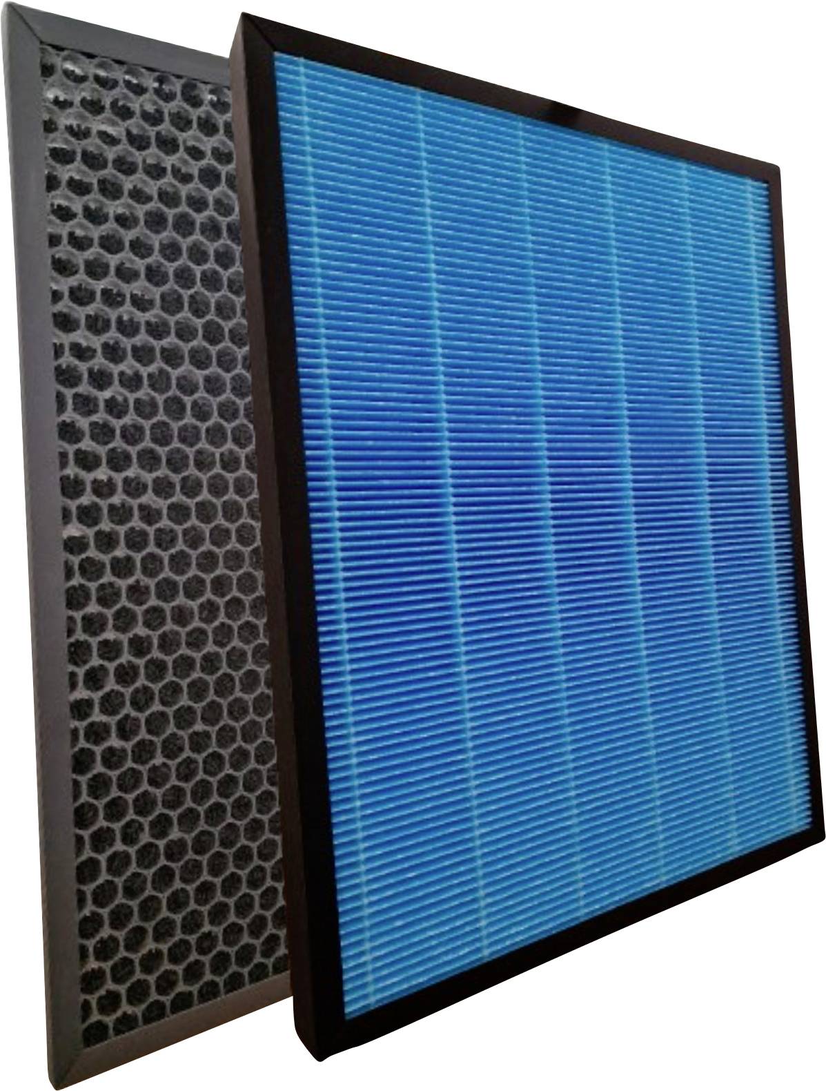 Two rectangular air purifier filters: a black honeycomb activated carbon filter and a blue-striped HEPA filter.