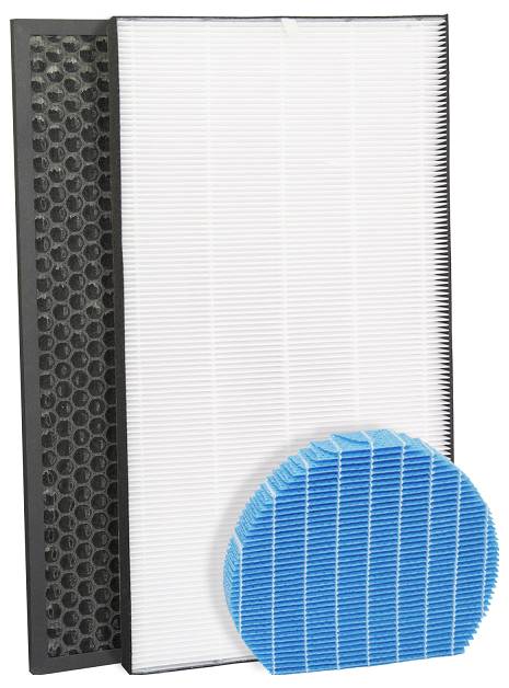 A vertical rectangular air filter and a circular blue ribbed filter are displayed. The air filter features a black honeycomb pattern on its left side.