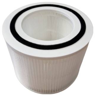A cylindrical air purifier filter with visible pleated layers and a black ring around the top edge.