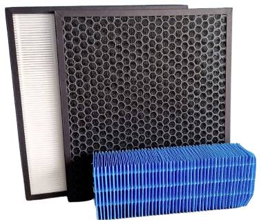 Three air purifier filters: a white pleated filter, a black honeycomb carbon filter, and a blue pleated filter, arranged side by side.