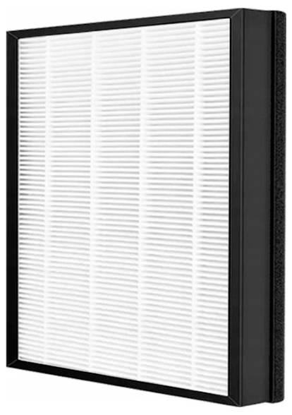 Rectangular air filter with black frame and pleated white filter surface, used to trap dust and allergens from air.