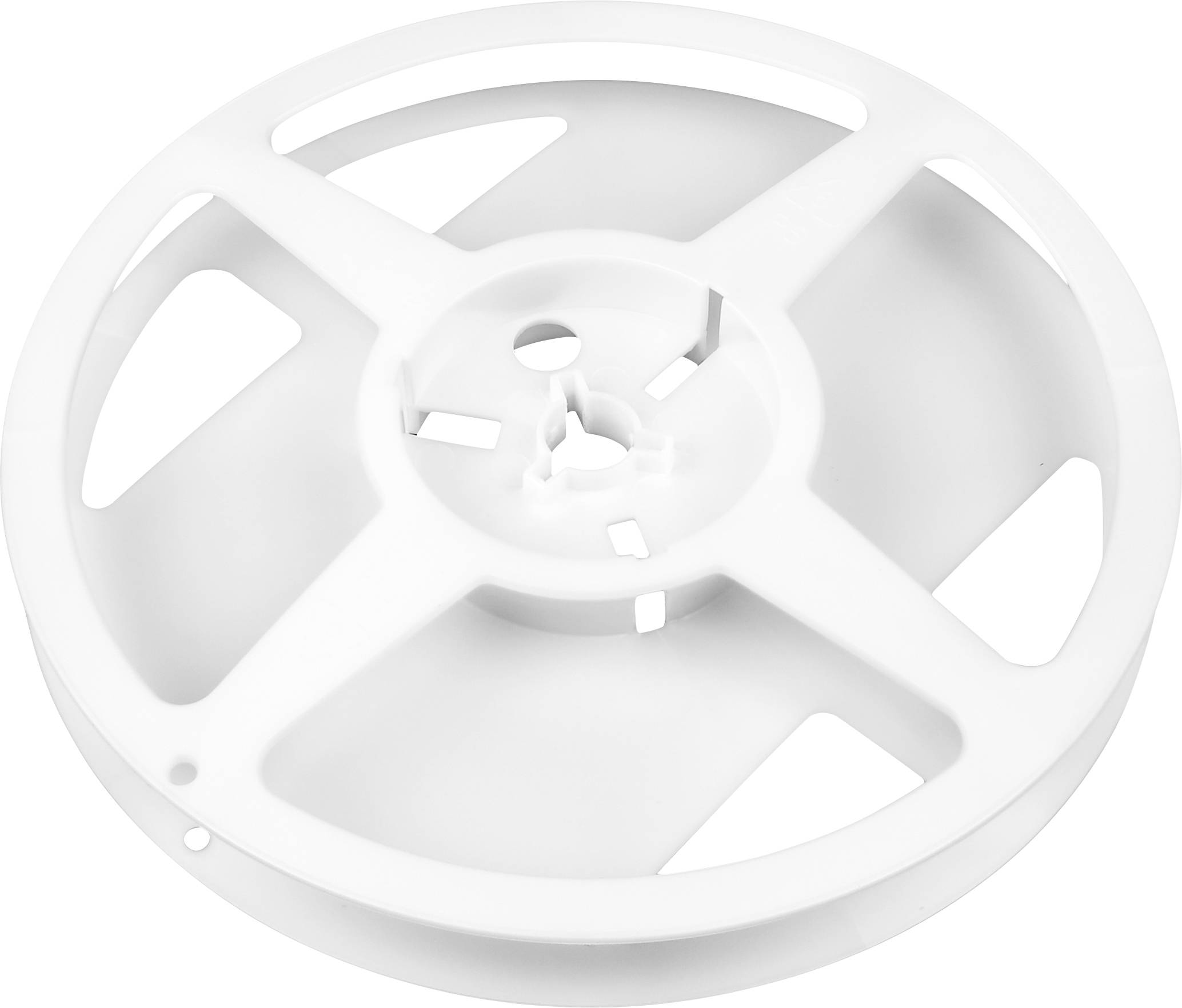 A white, round plastic reel with four divided sections and a central circular hub, used for holding and organizing film or tape.