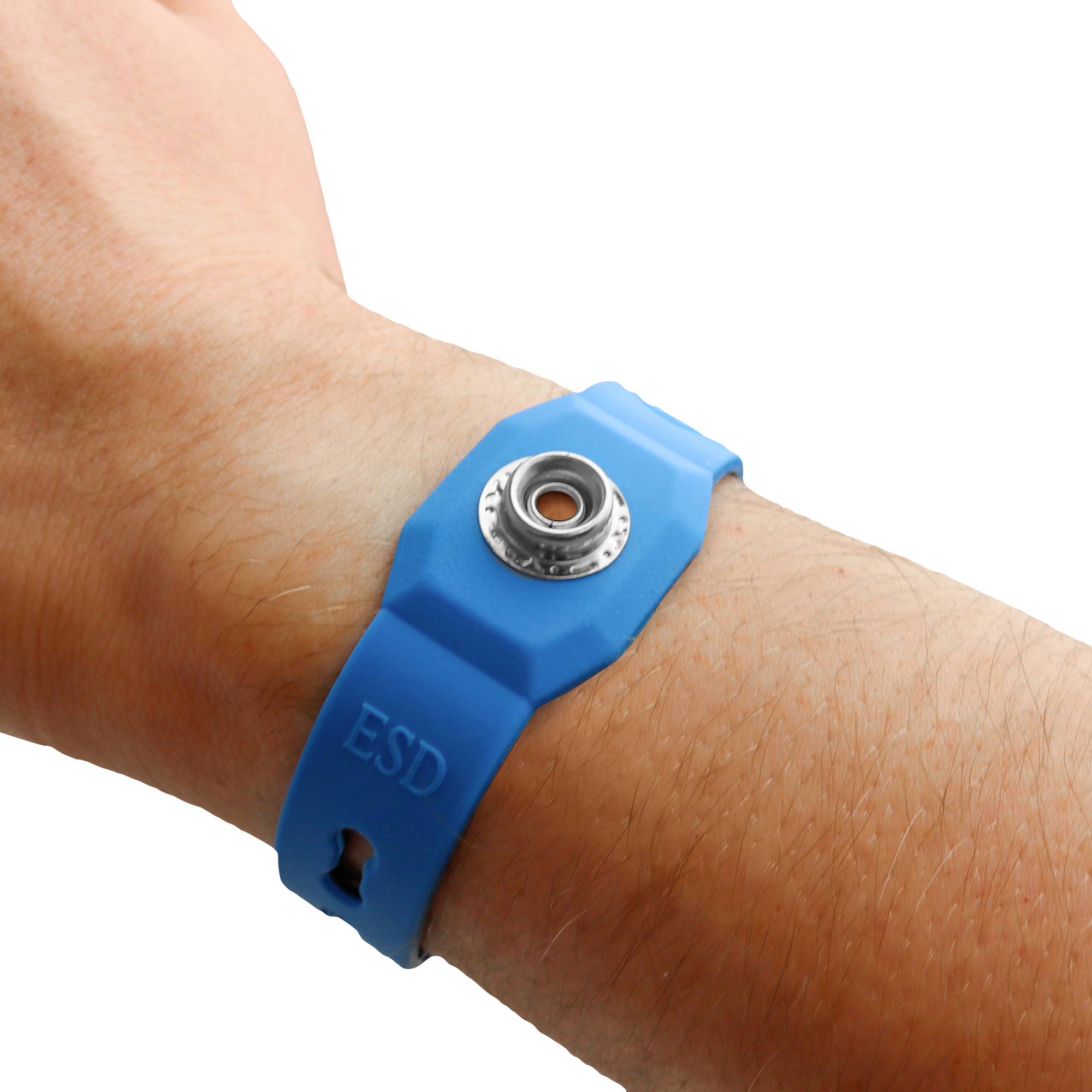A person wearing a blue anti-static wrist strap labeled 'ESD' on their wrist, used to prevent electrostatic discharge during work.