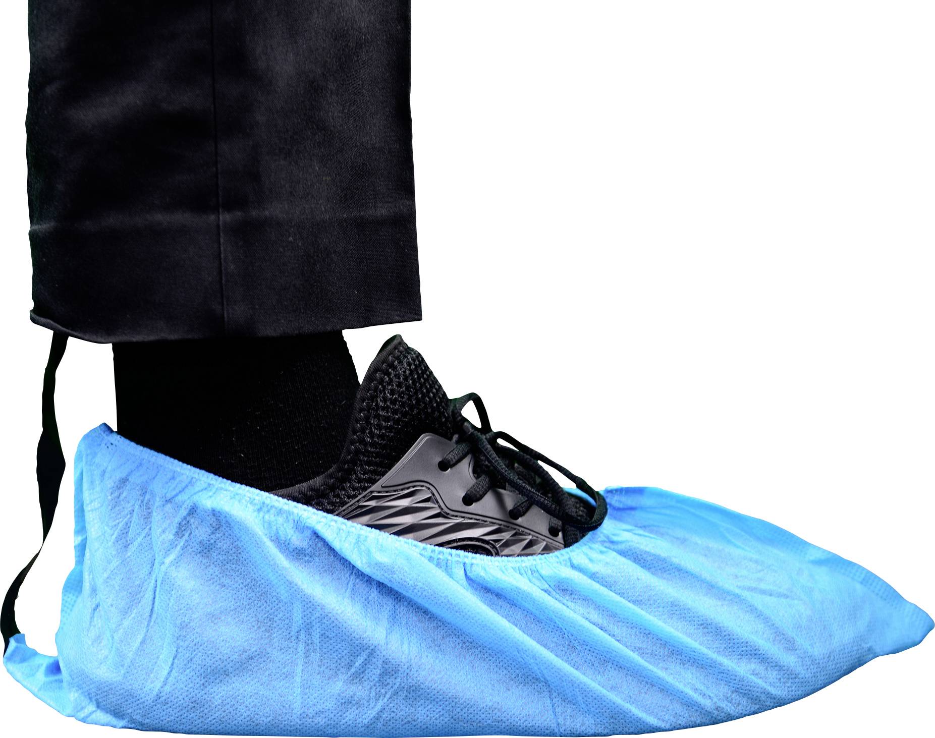 A shoe covered with a blue disposable shoe cover, showing part of a person's black pants and shoe, emphasizing cleanliness or sanitation.