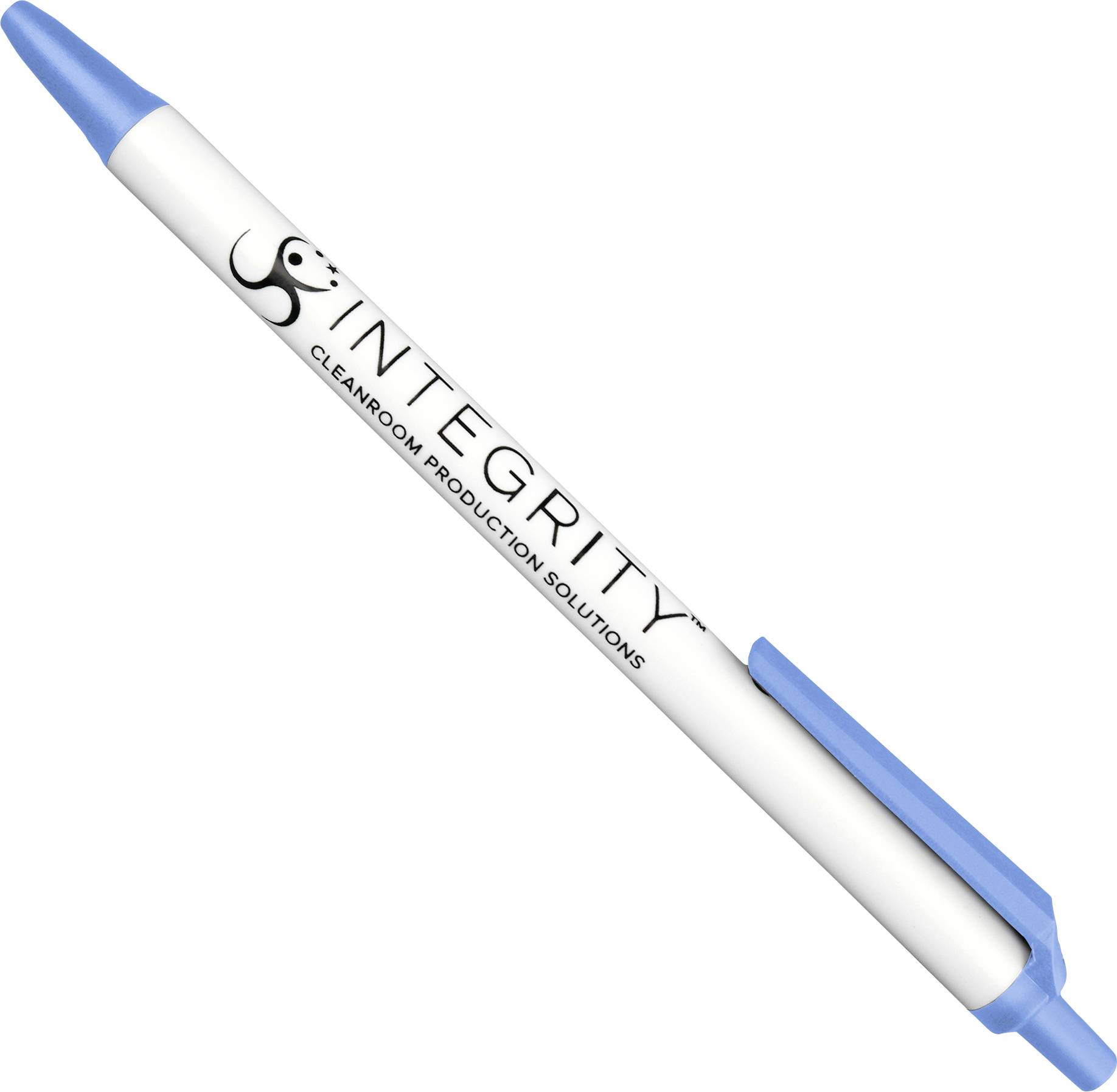 A blue and white ballpoint pen labeled 'INTEGRITY Cleanroom Production Solutions' with a cartoon logo of a cleanroom worker.