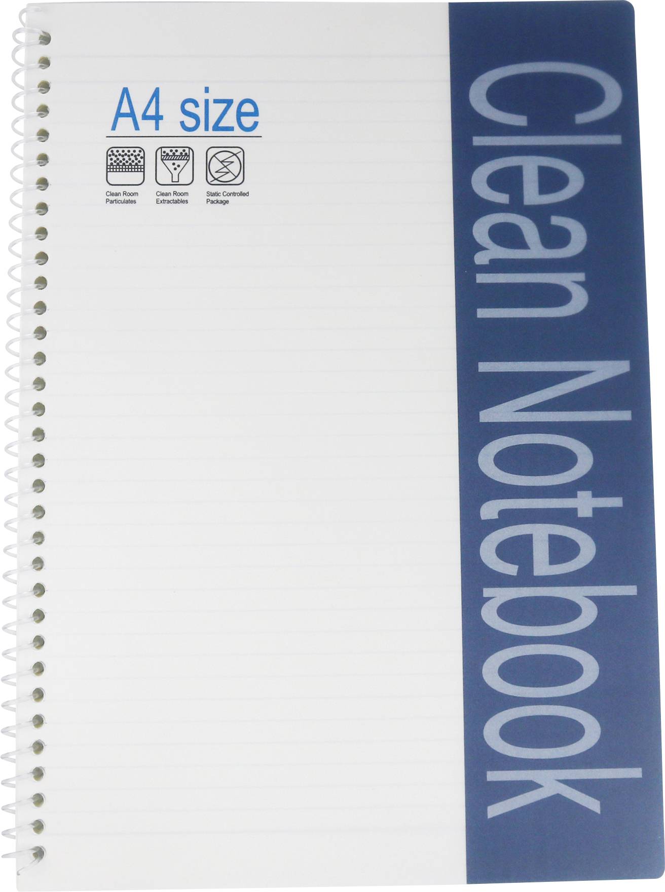 A spiral-bound A4 notebook with lined pages and a blue cover strip labeled 'Clean Notebook'.
