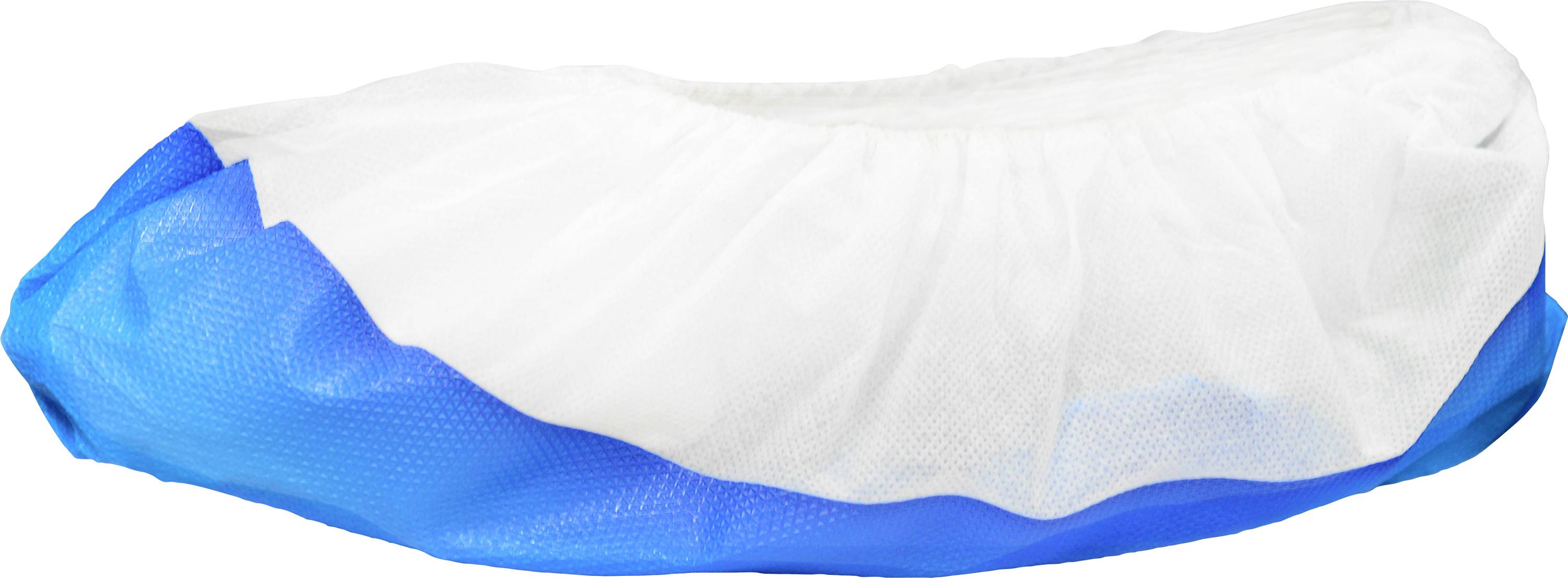 A disposable blue and white shoe cover designed for use in cleanrooms or medical environments. Made of non-woven fabric with elastic edges.