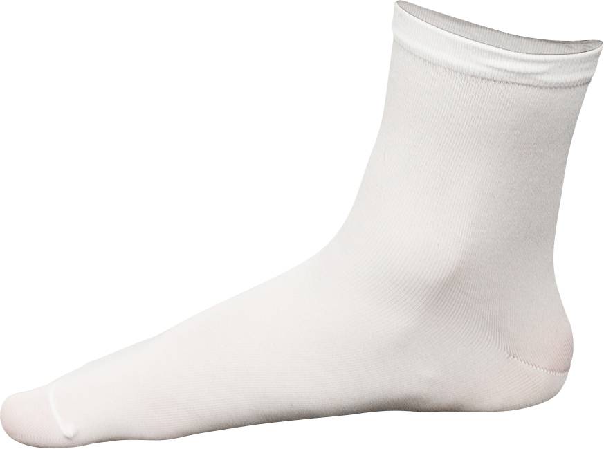 White ankle-length sock on a mannequin foot, showing a seamless design and ribbed cuff.