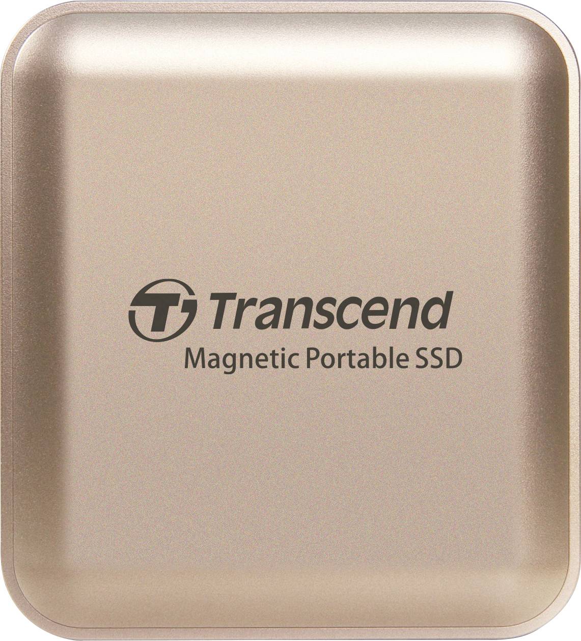 A gold-colored Transcend Magnetic Portable SSD, featuring sleek design and compact size, used for external data storage.