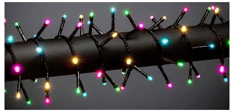 A string of colorful holiday lights wrapped around a dark, cylindrical object, glowing in shades of pink, blue, green, and yellow against a gray background.