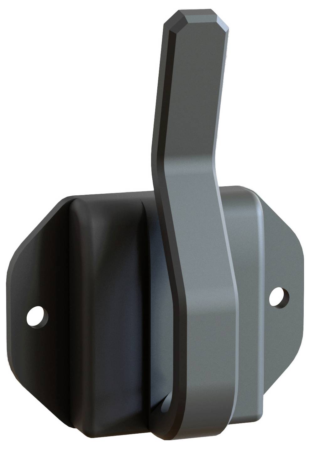 A gray metal lever handle on a black base with two screw holes, designed for mounting, typically used for mechanical locking systems.