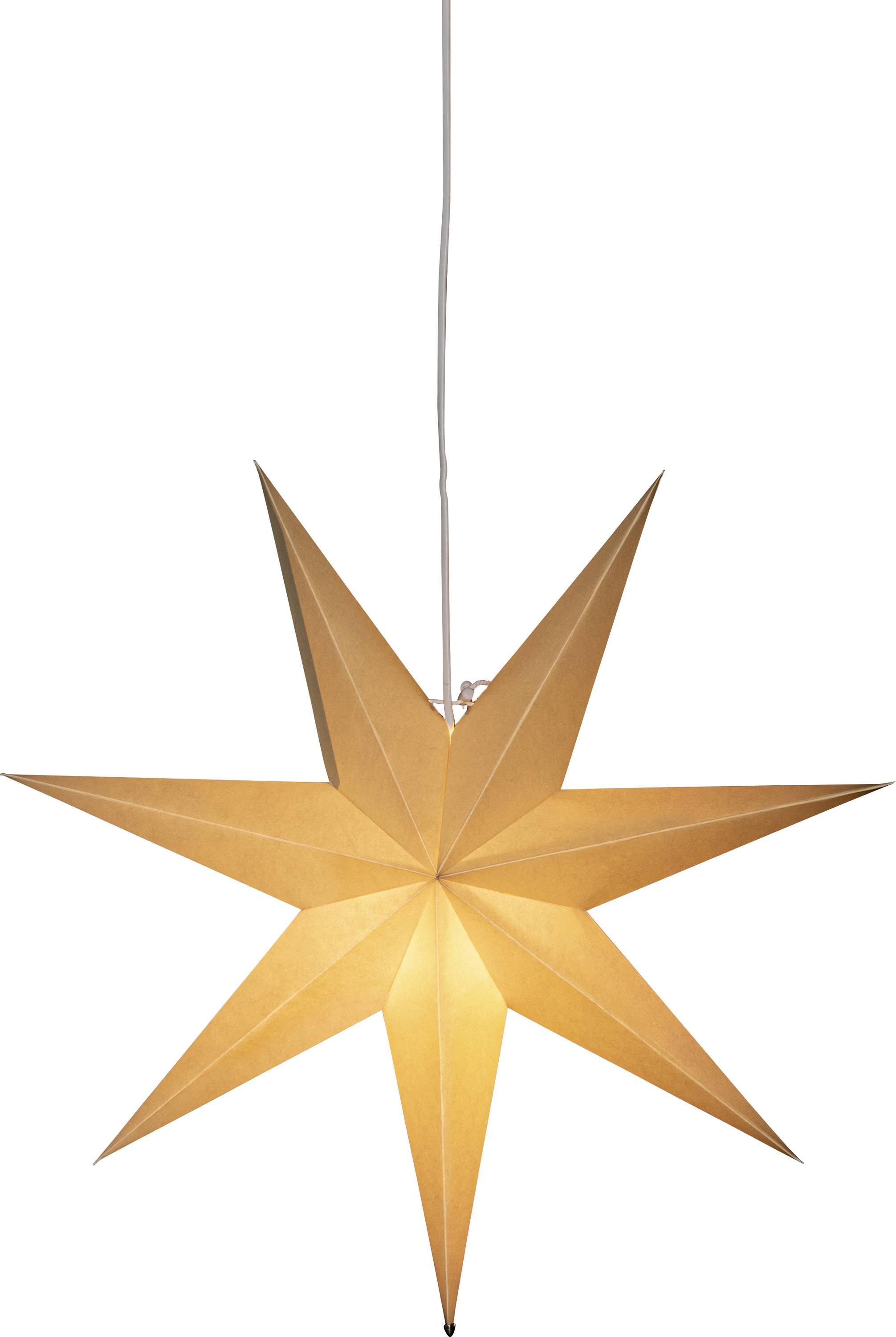 A paper star-shaped lantern with a warm yellow light, hanging from a wire. The lantern has eight points and creates a cozy ambiance.