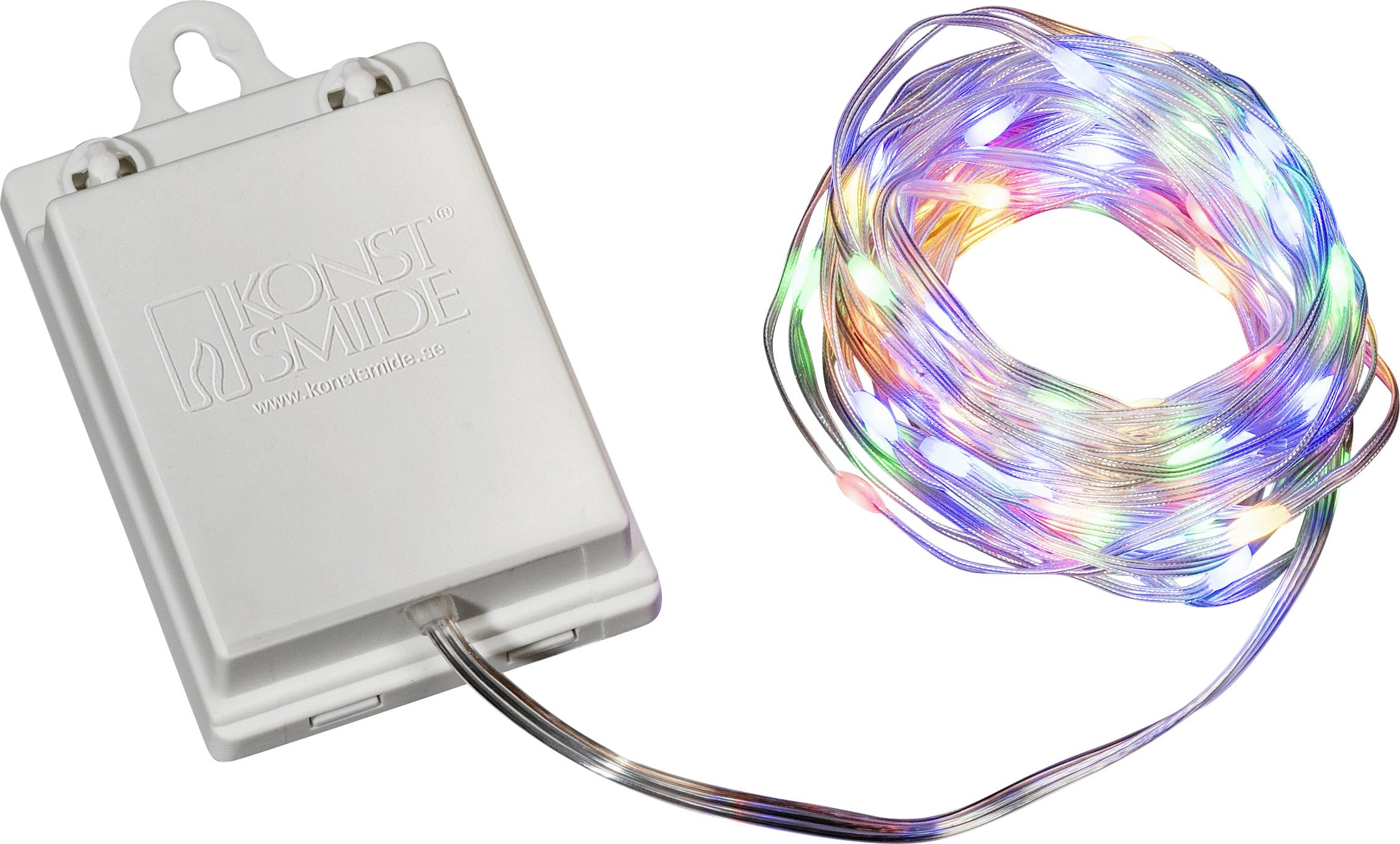 A coil of multicolored LED string lights connected to a white rectangular battery pack.