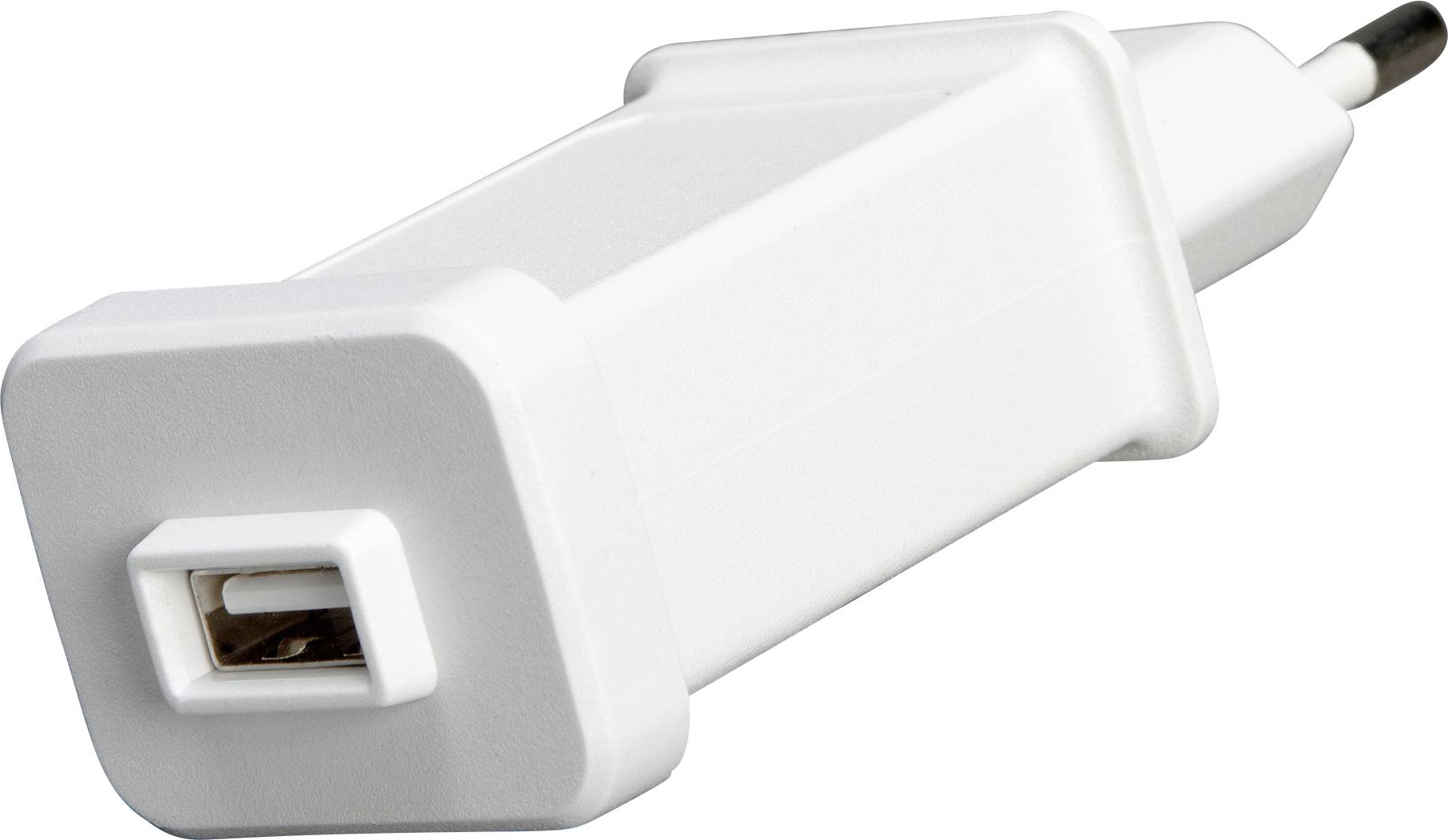 A white USB wall charger with a single USB port and plug suitable for European outlets.