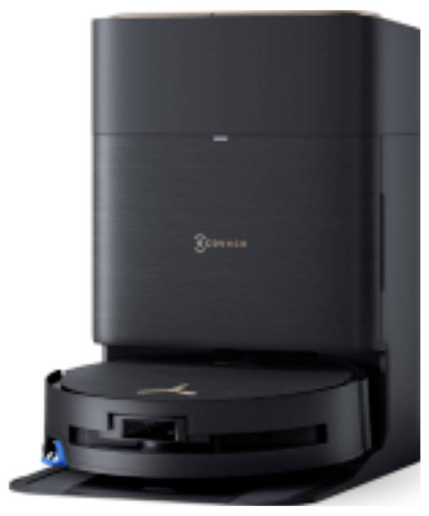 A black robotic vacuum cleaner with a tall docking station, designed for automated cleaning and self-emptying.