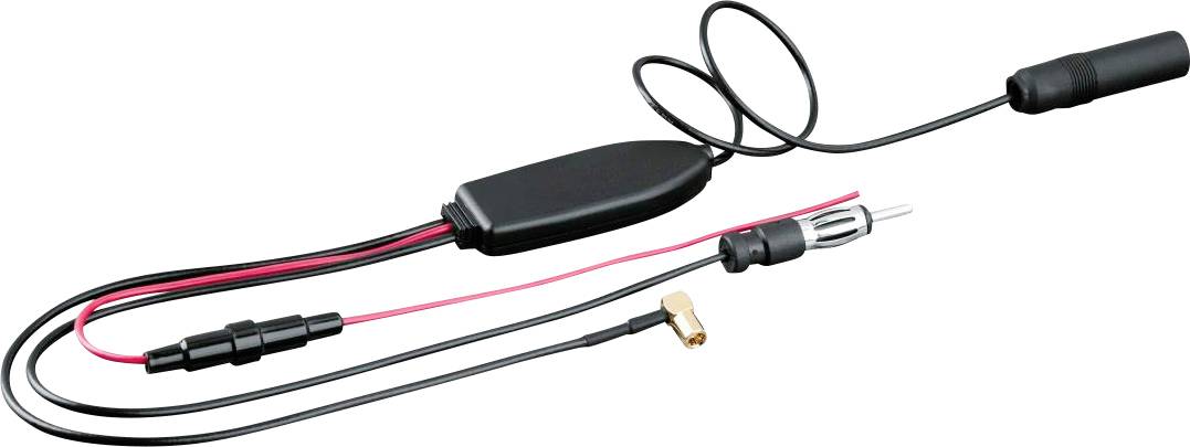An FM antenna adapter cable with black and red wires, connectors, and a central module, used for integrating car radios with vehicle antennas.