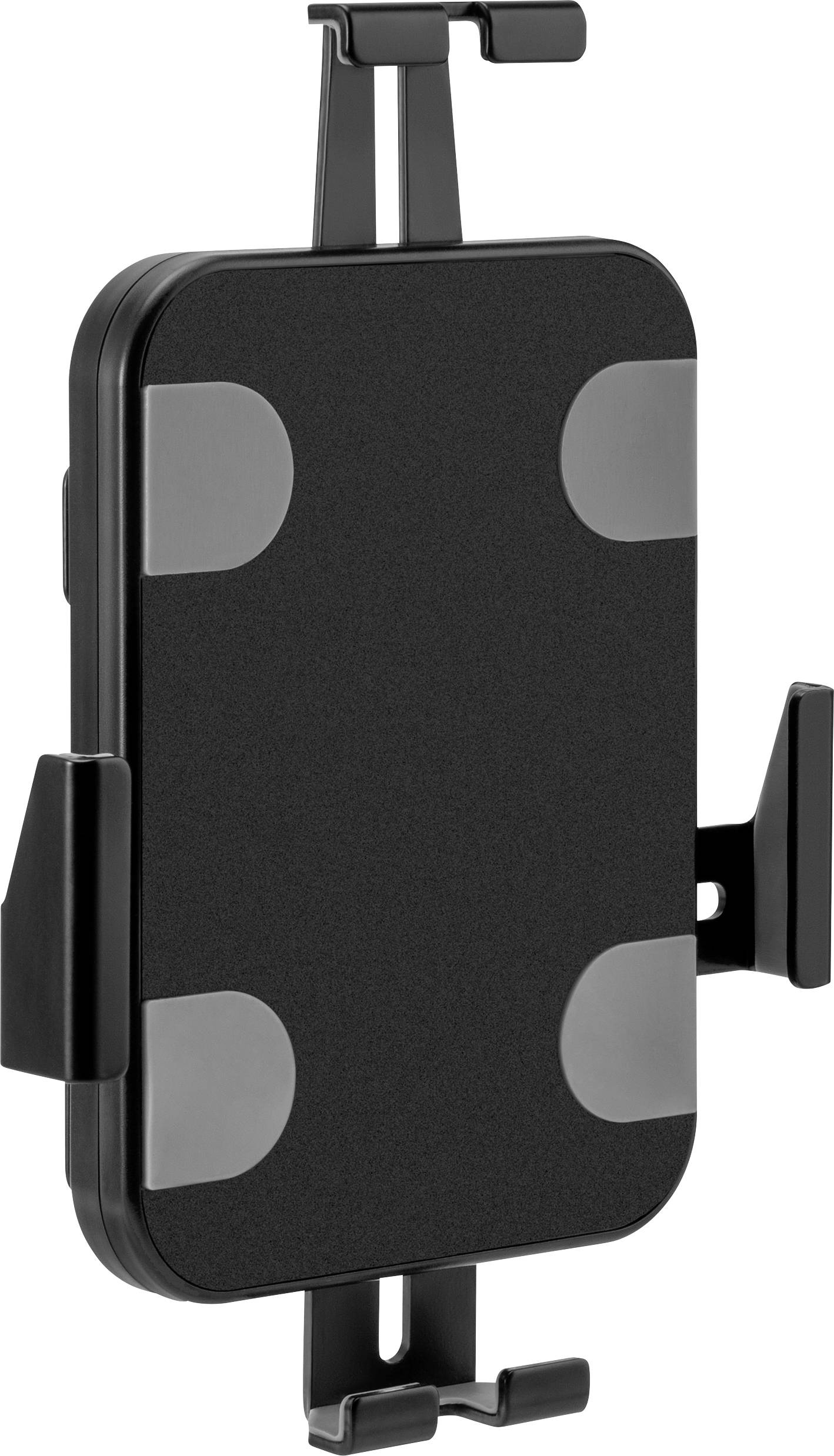 A black mobile device holder with adjustable clamps, designed for mounting on surfaces to securely hold a smartphone or GPS device.
