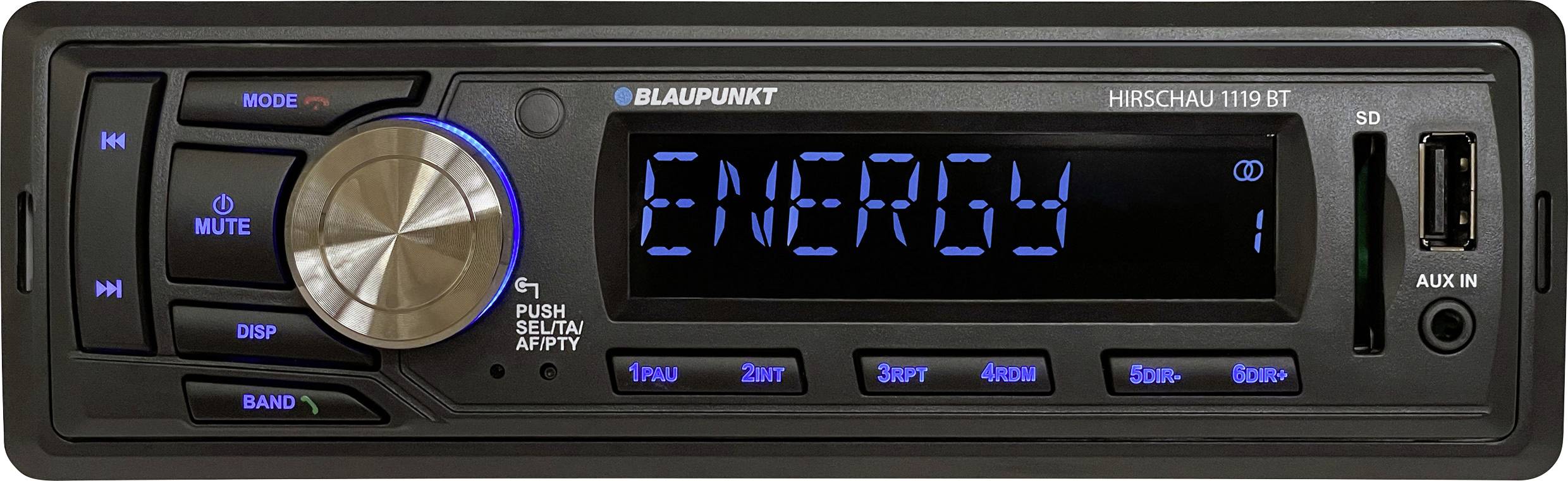 Car stereo with a digital display showing 'ENERGY', volume knob, buttons for various modes, and ports for SD card and AUX input.