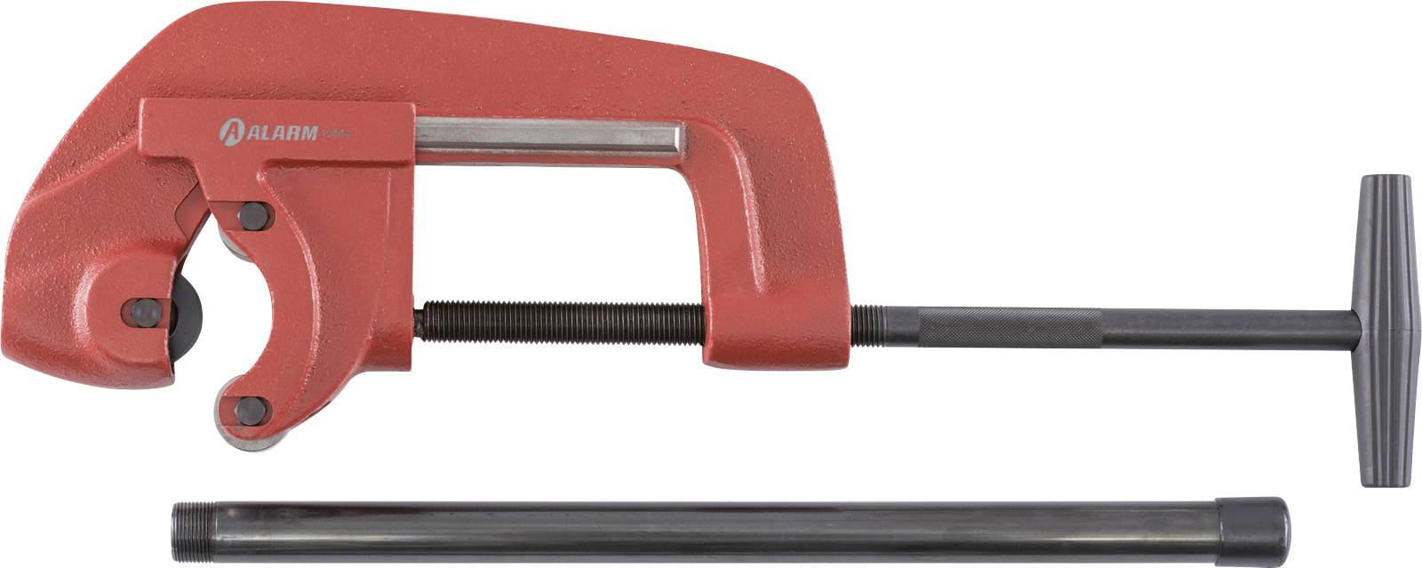 A red pipe cutter with an adjustable knob for cutting pipe, displayed alongside a detached pipe piece, indicating its functionality.