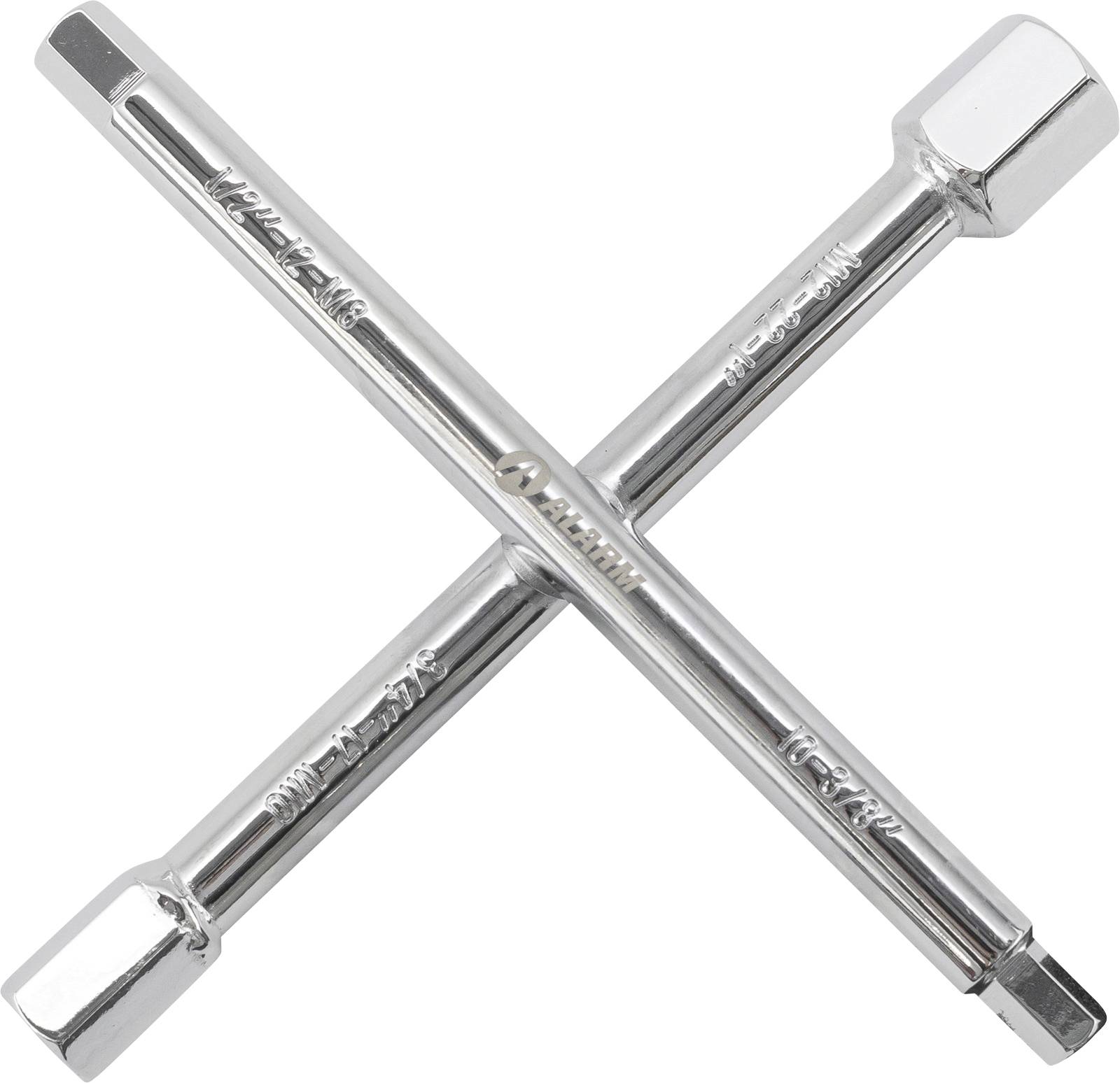 A cross wrench with two metal bars intersecting at the center, each bar has different sized sockets at both ends for tightening bolts.
