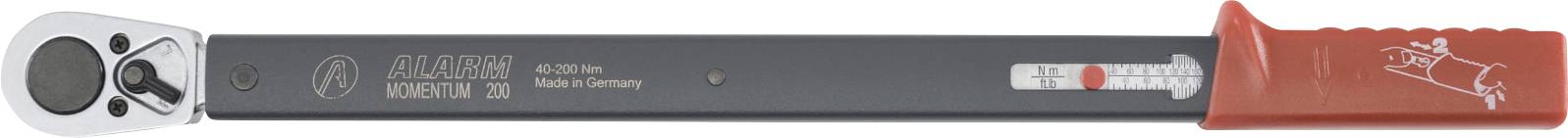 Ratchet wrench with a black handle and red grip, displaying a torque measurement scale on the side.