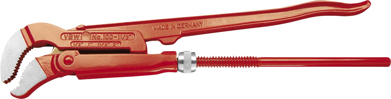 A red adjustable pipe wrench with serrated jaws and a long handle, marked 'Made in Germany' and 'No. 106-14/2'.