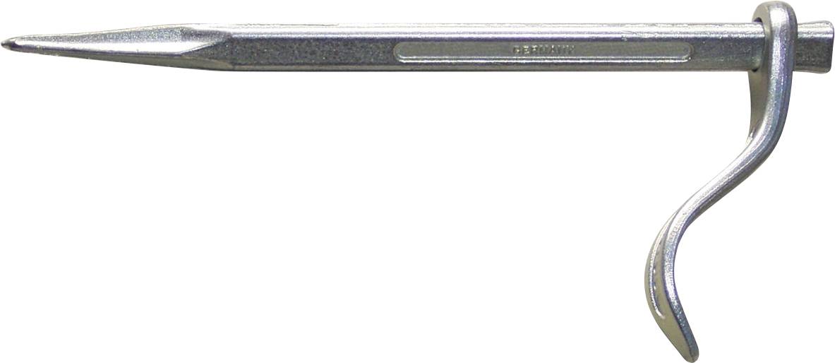 A steel tent stake with a pointed end and a curved hook for securing tent ropes.