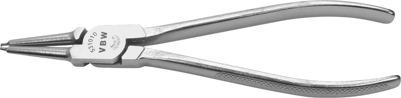 A pair of metal snap ring pliers with a textured grip and pointed tips, used for installing or removing retaining rings in machinery.