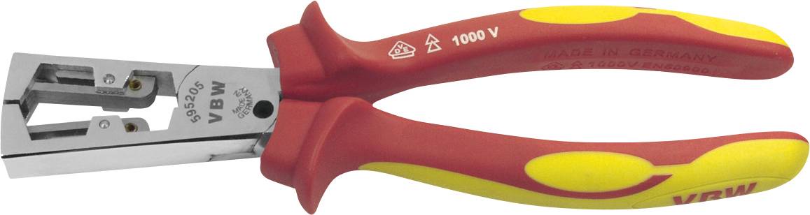 Red and yellow insulated pliers rated for 1000V, with 'VBW' branding. Used for electrical work to ensure safety against electric shock.