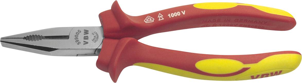 Red and yellow insulated pliers with a silver metal tip, marked '1000 V' for electrical safety. Suitable for high-voltage work.