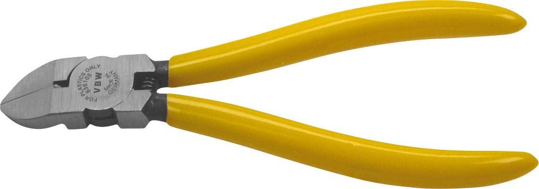Wire cutter with yellow handles, showing the closed jaws designed for cutting wires, on a white background.