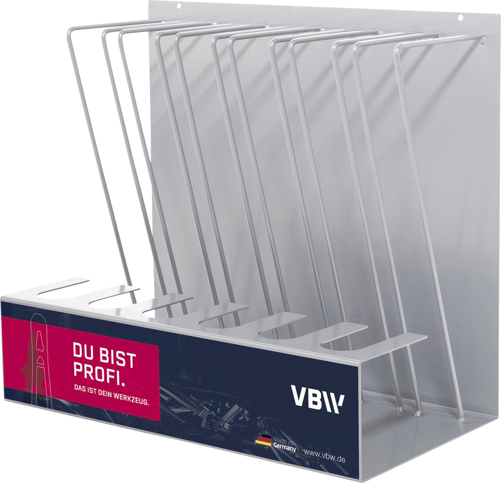 Metal tool holder with slots for organizing tools. Front text reads 'Du bist Profi' and 'VBW' with a German flag logo at the bottom.